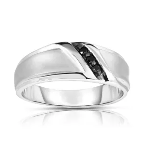 0.08Ct Black Diamond Men's 3-Stone Ring in 14K White Gold
