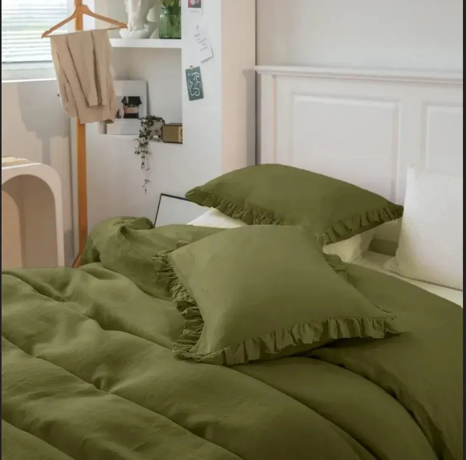 100% Washed Linen Duvet Cover Set -  Olive Green