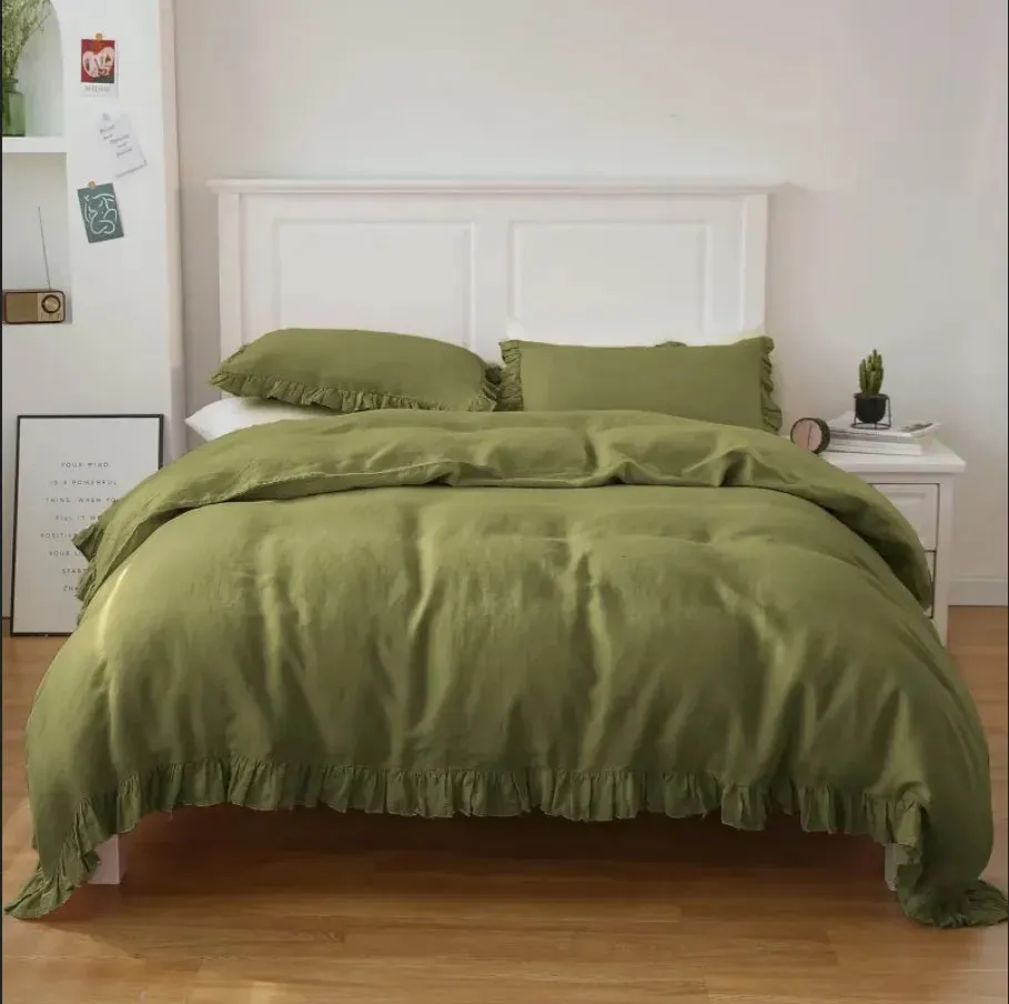 100% Washed Linen Duvet Cover Set -  Olive Green