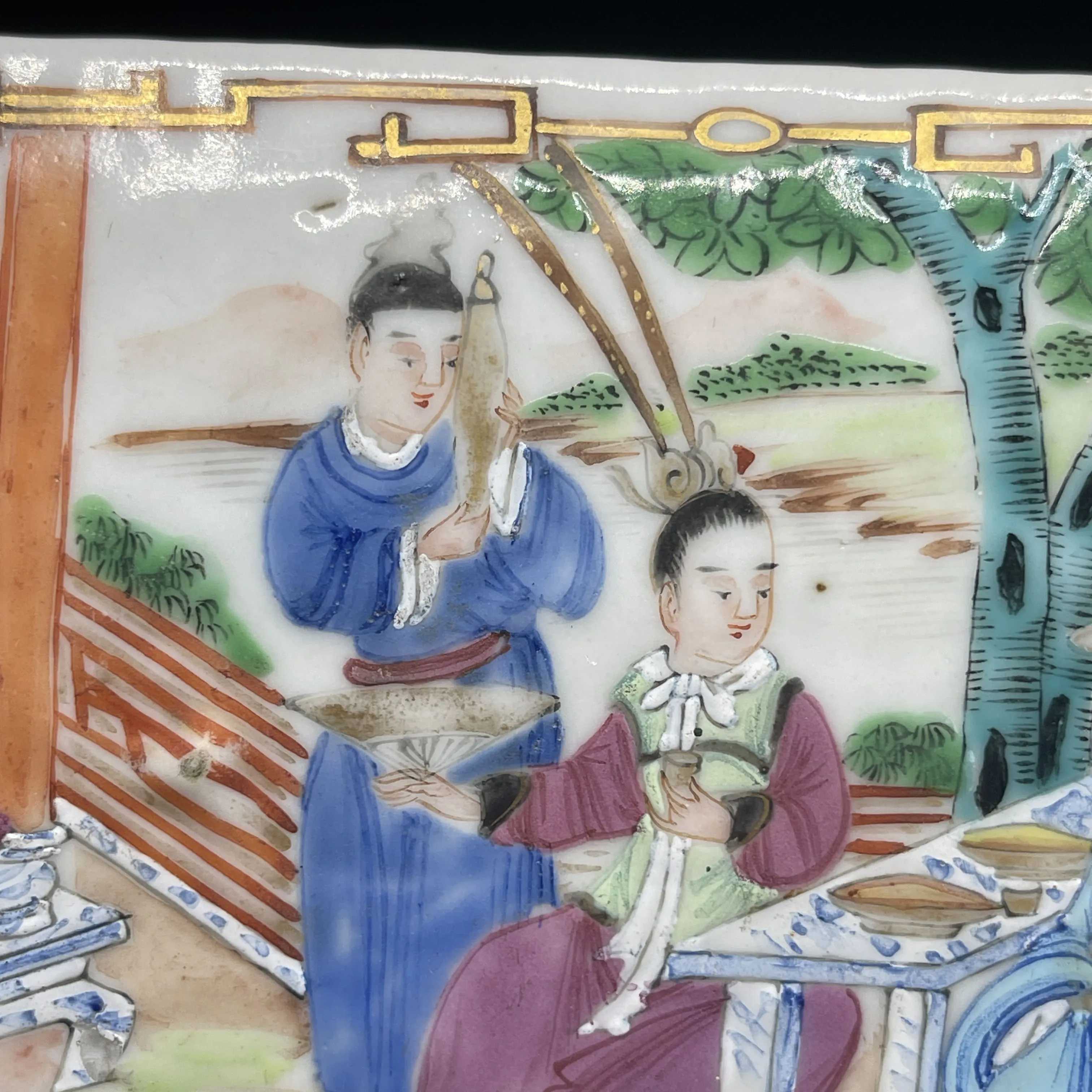 19th C. Chinese Export Canton Famille Rose Mandarin Box and Cover, ~8"L (Lot 374)