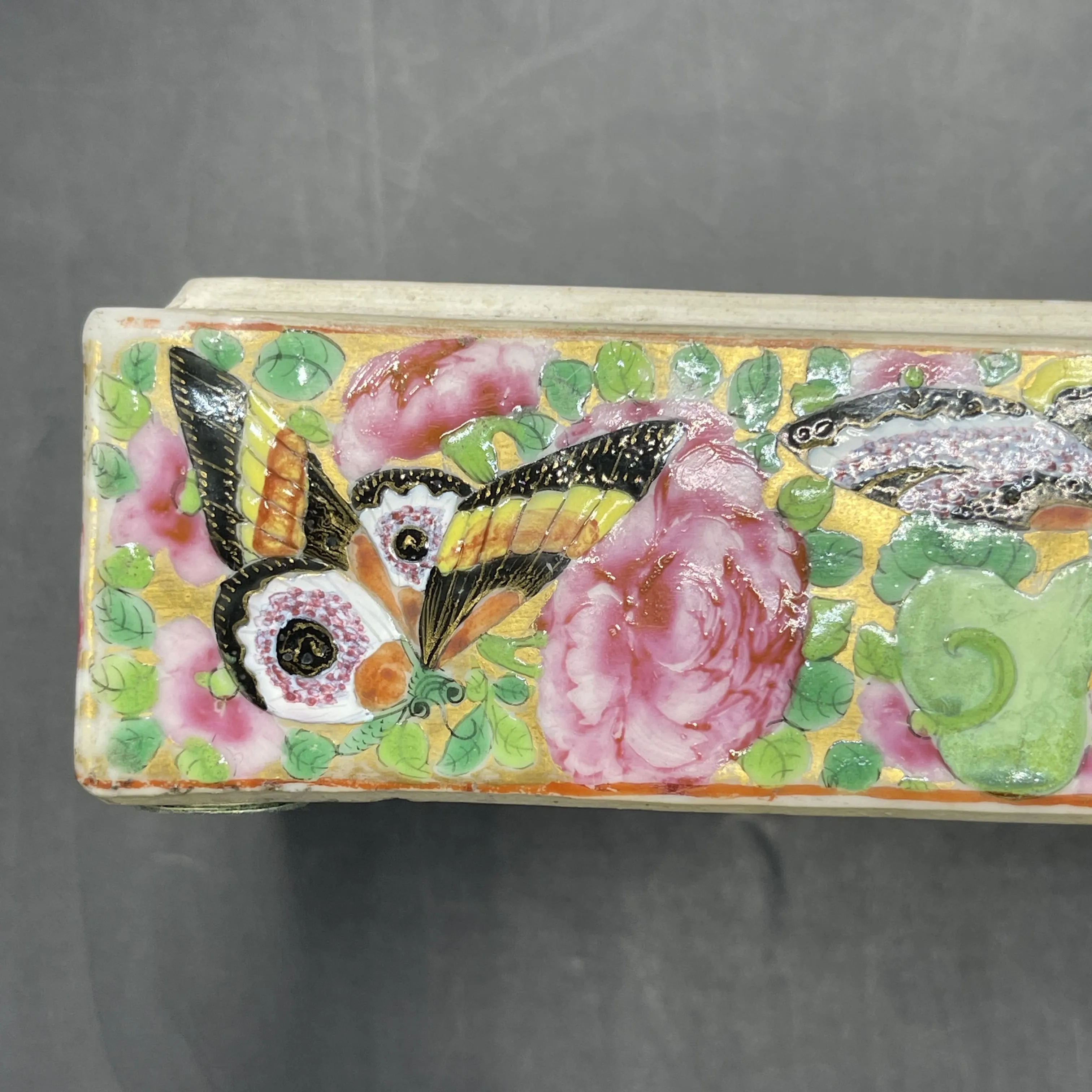 19th C. Chinese Export Canton Famille Rose Mandarin Box and Cover, ~8"L (Lot 374)