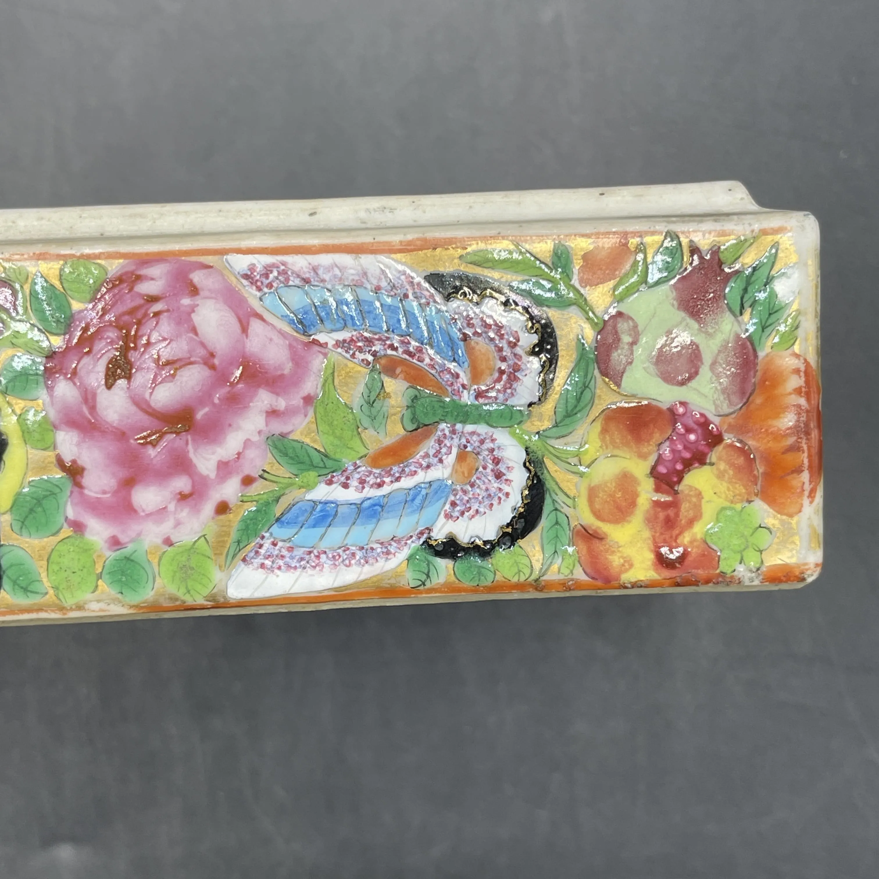 19th C. Chinese Export Canton Famille Rose Mandarin Box and Cover, ~8"L (Lot 374)