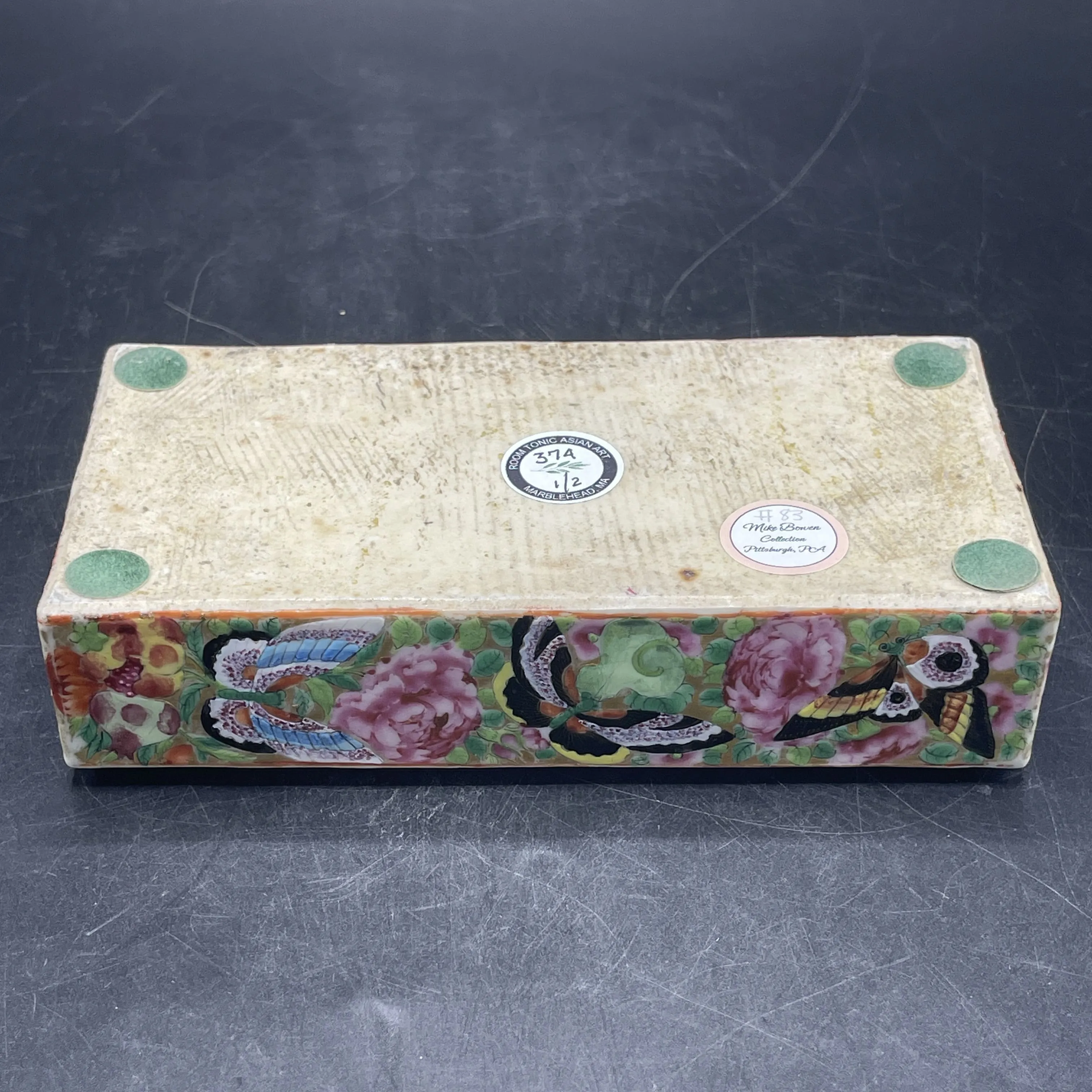 19th C. Chinese Export Canton Famille Rose Mandarin Box and Cover, ~8"L (Lot 374)