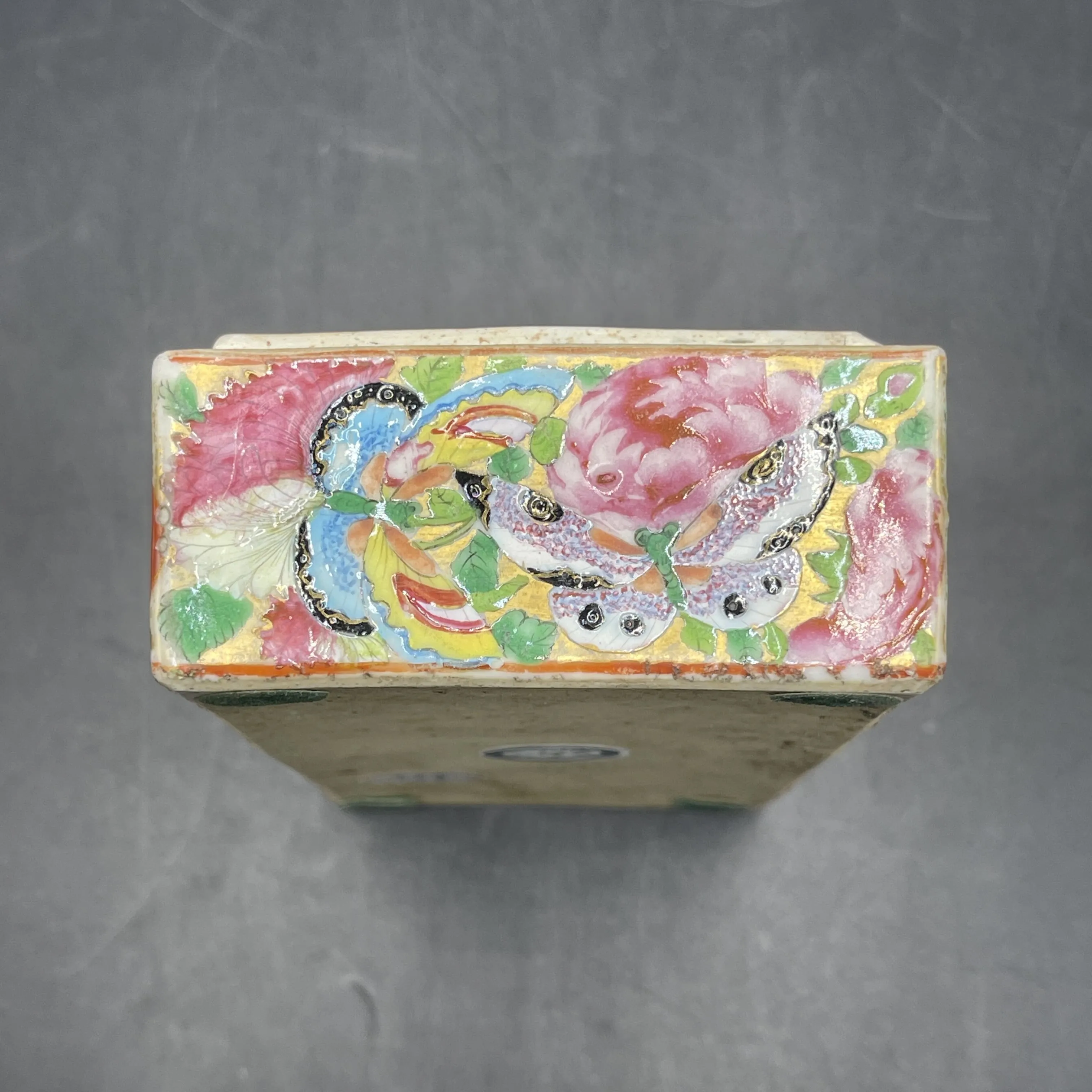 19th C. Chinese Export Canton Famille Rose Mandarin Box and Cover, ~8"L (Lot 374)