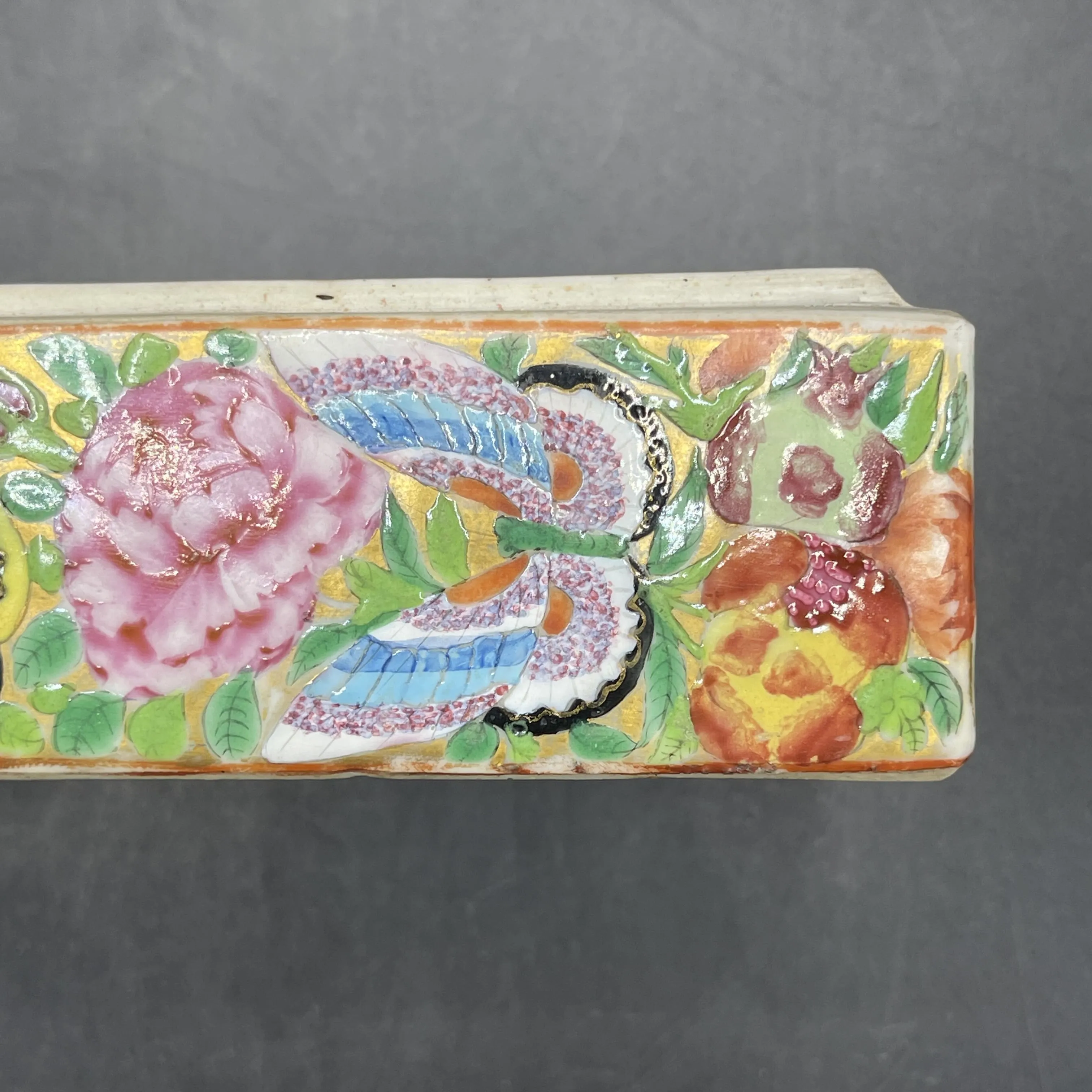 19th C. Chinese Export Canton Famille Rose Mandarin Box and Cover, ~8"L (Lot 374)
