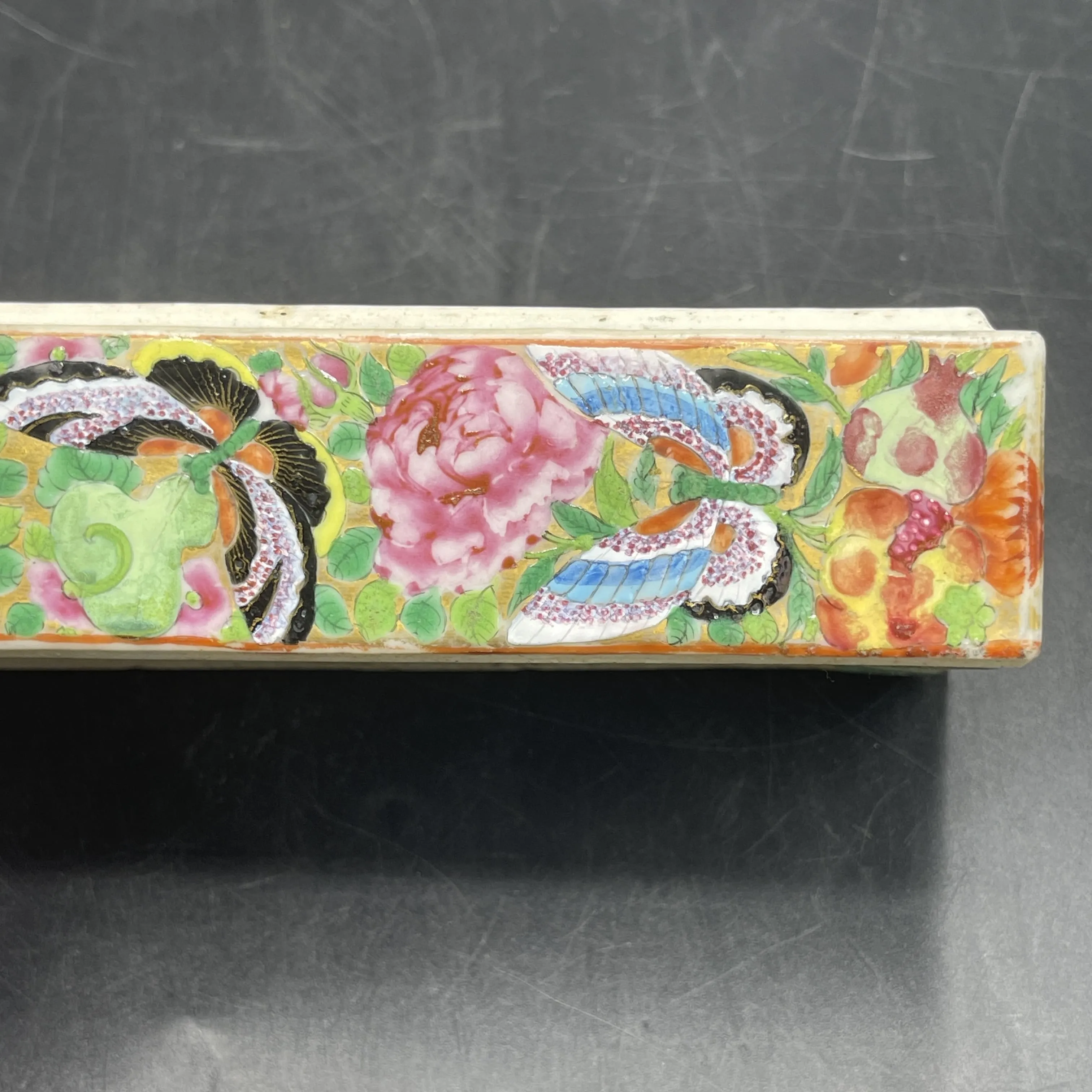 19th C. Chinese Export Canton Famille Rose Mandarin Box and Cover, ~8"L (Lot 374)
