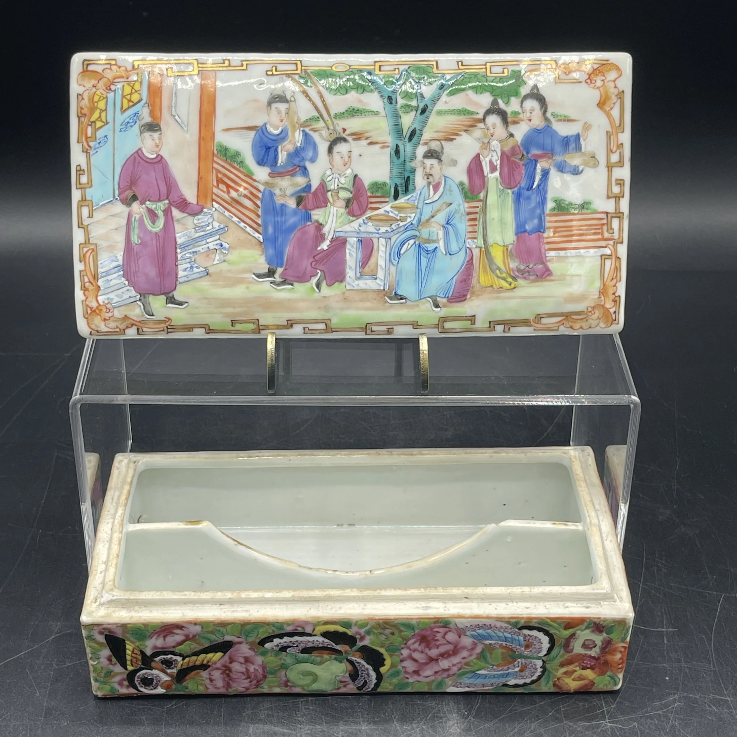 19th C. Chinese Export Canton Famille Rose Mandarin Box and Cover, ~8"L (Lot 374)