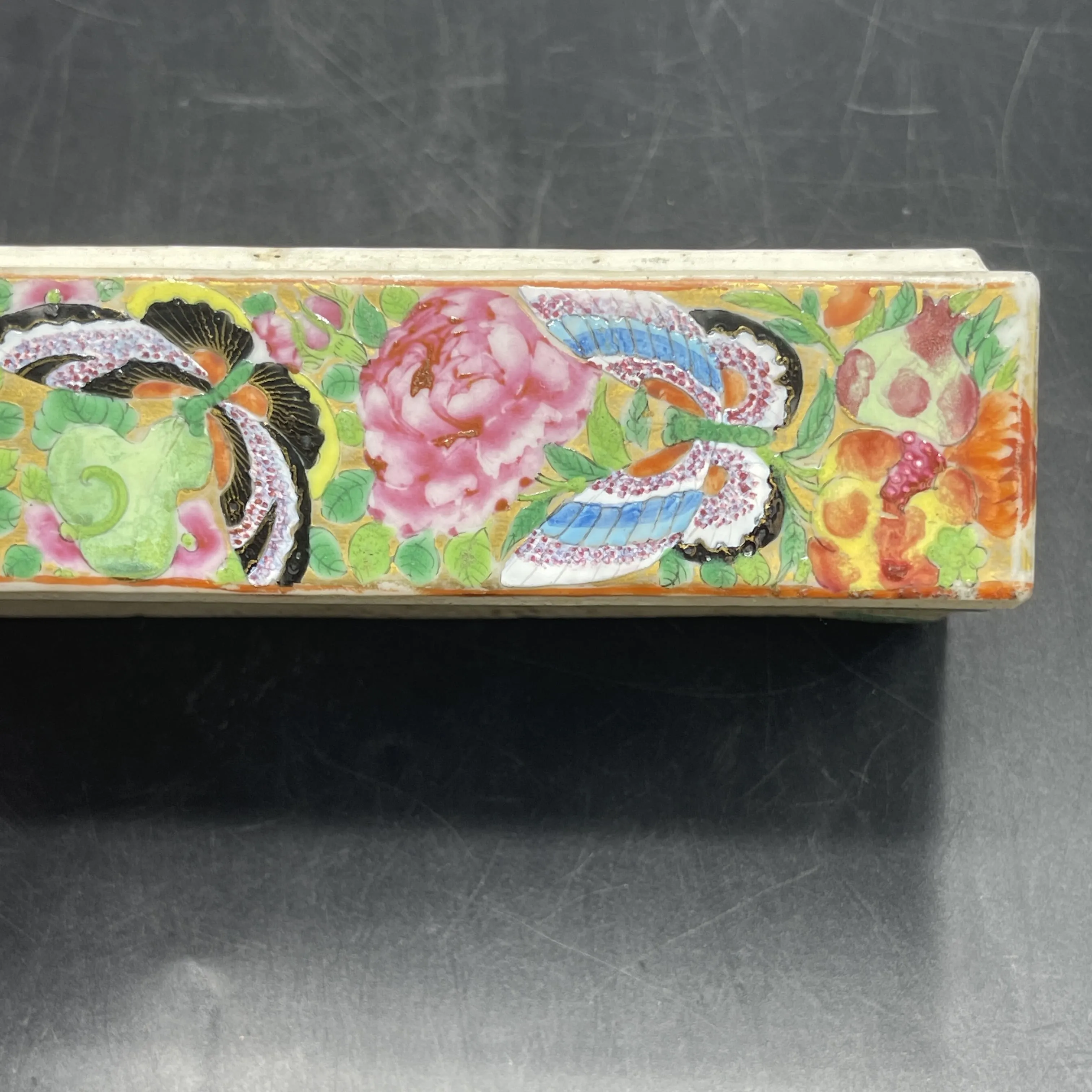 19th C. Chinese Export Canton Famille Rose Mandarin Box and Cover, ~8"L (Lot 374)