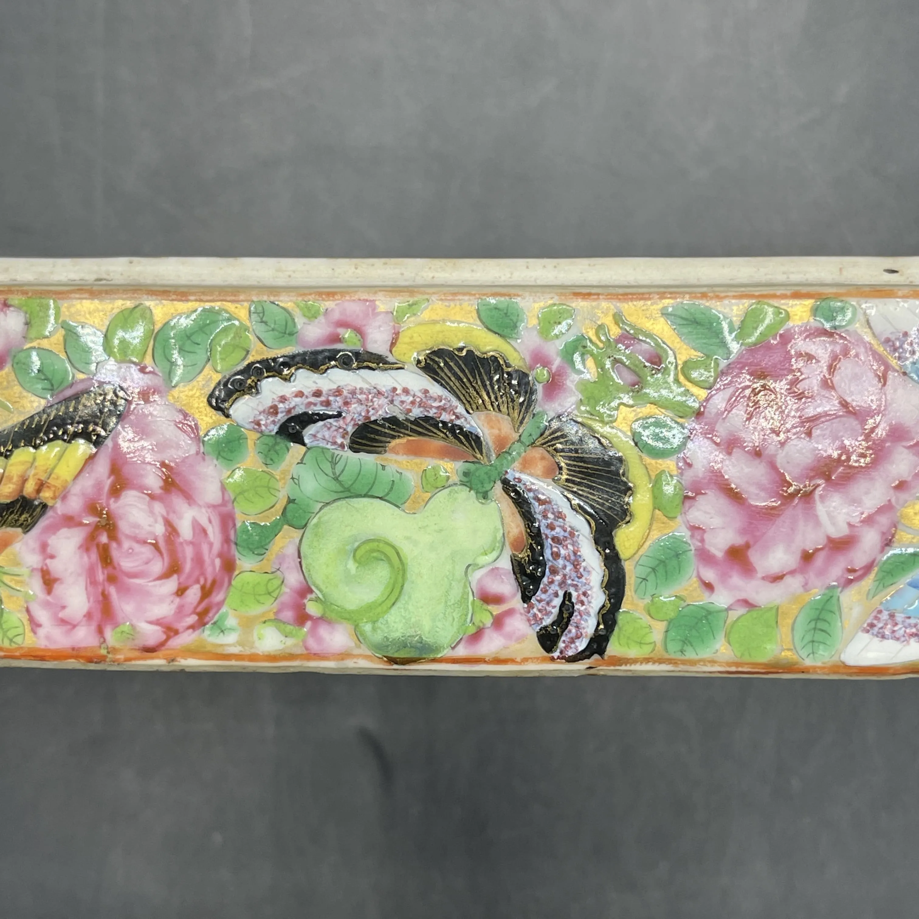 19th C. Chinese Export Canton Famille Rose Mandarin Box and Cover, ~8"L (Lot 374)