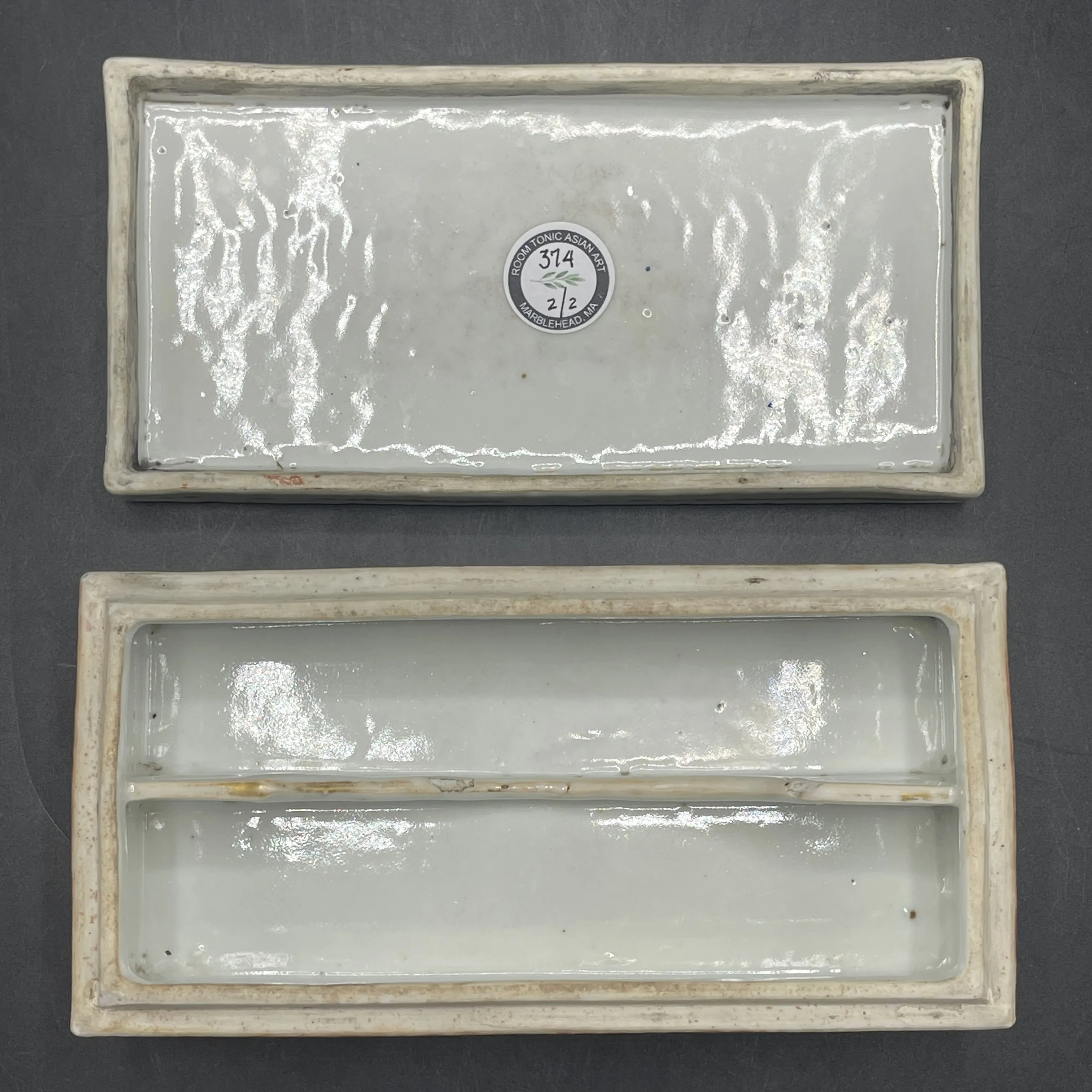 19th C. Chinese Export Canton Famille Rose Mandarin Box and Cover, ~8"L (Lot 374)