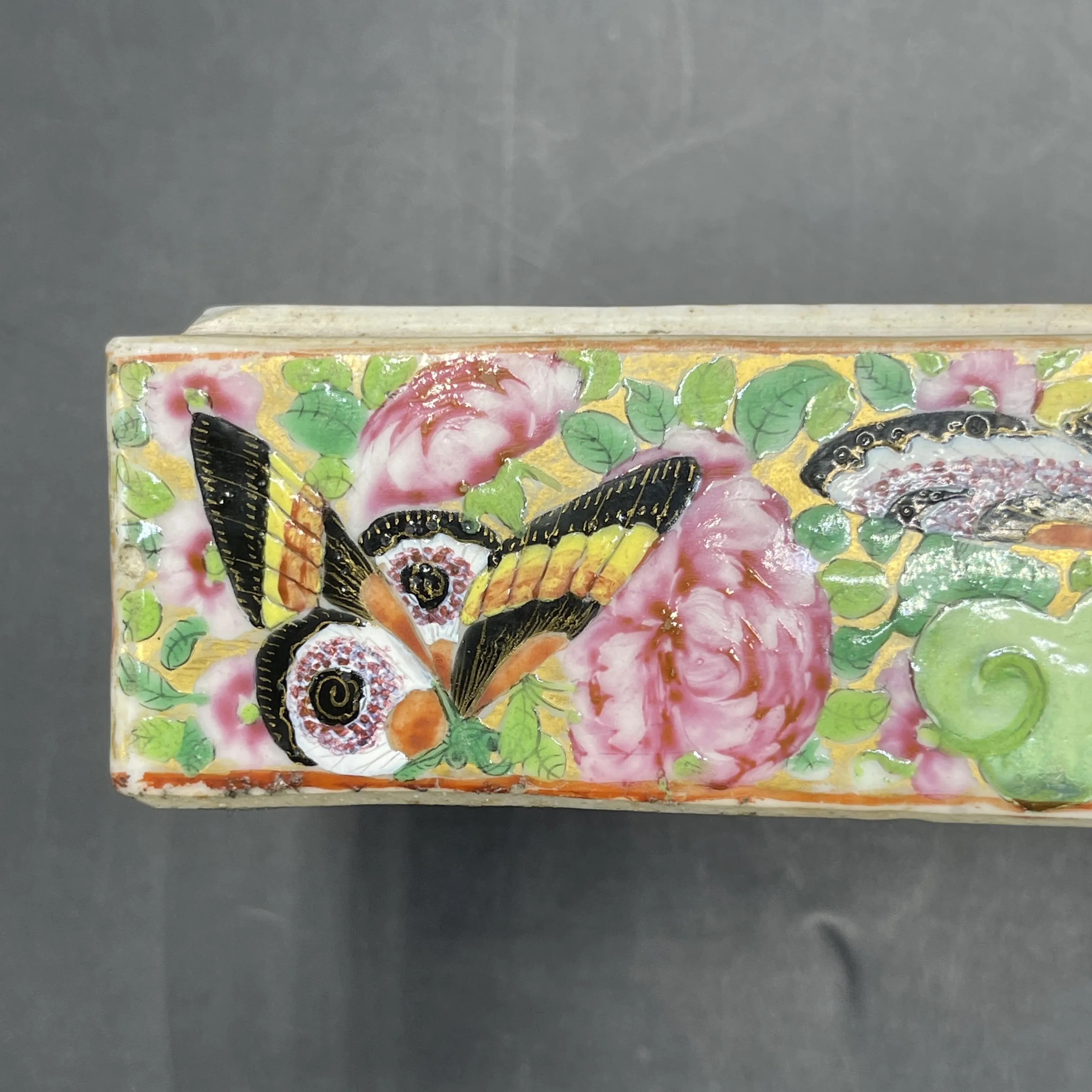 19th C. Chinese Export Canton Famille Rose Mandarin Box and Cover, ~8"L (Lot 374)