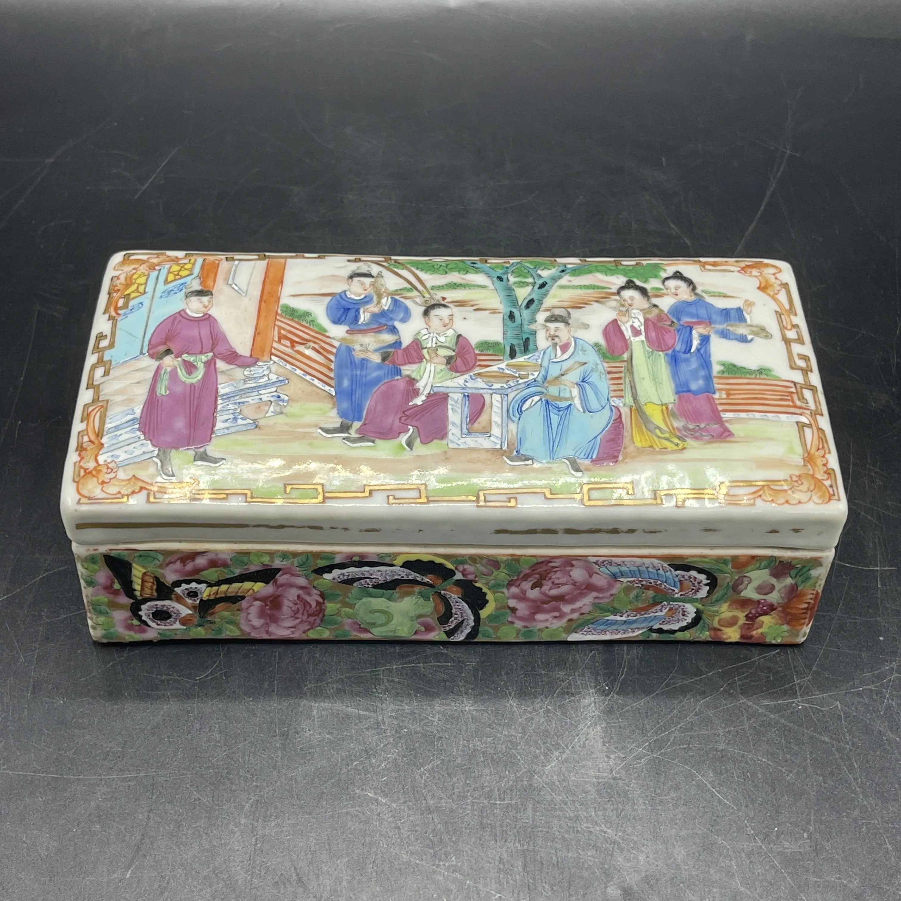 19th C. Chinese Export Canton Famille Rose Mandarin Box and Cover, ~8"L (Lot 374)