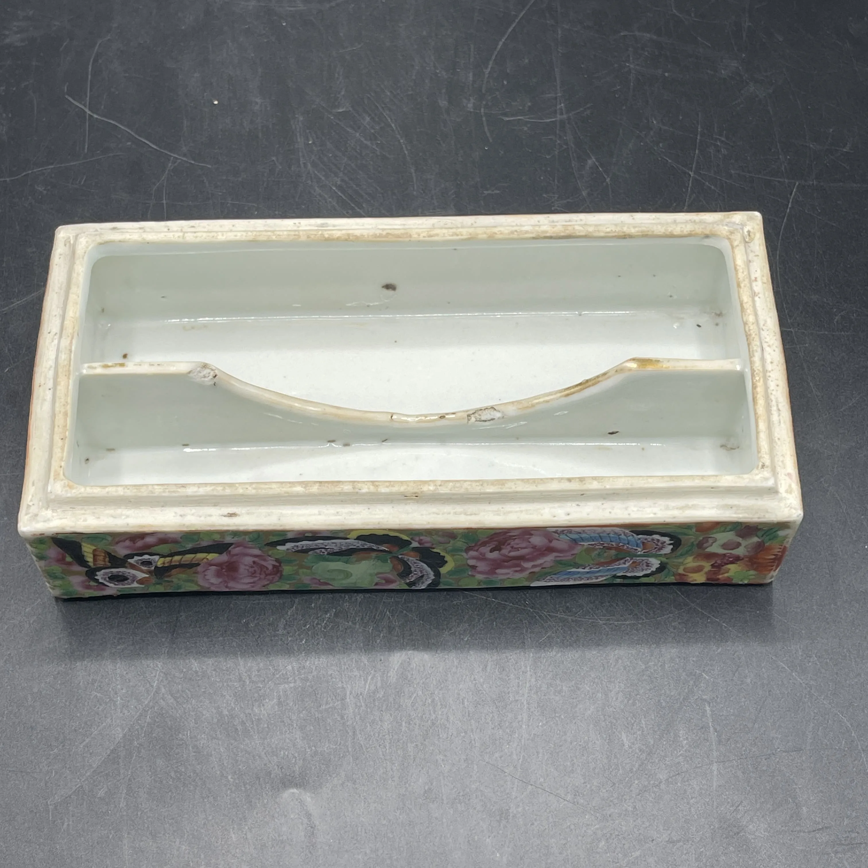 19th C. Chinese Export Canton Famille Rose Mandarin Box and Cover, ~8"L (Lot 374)