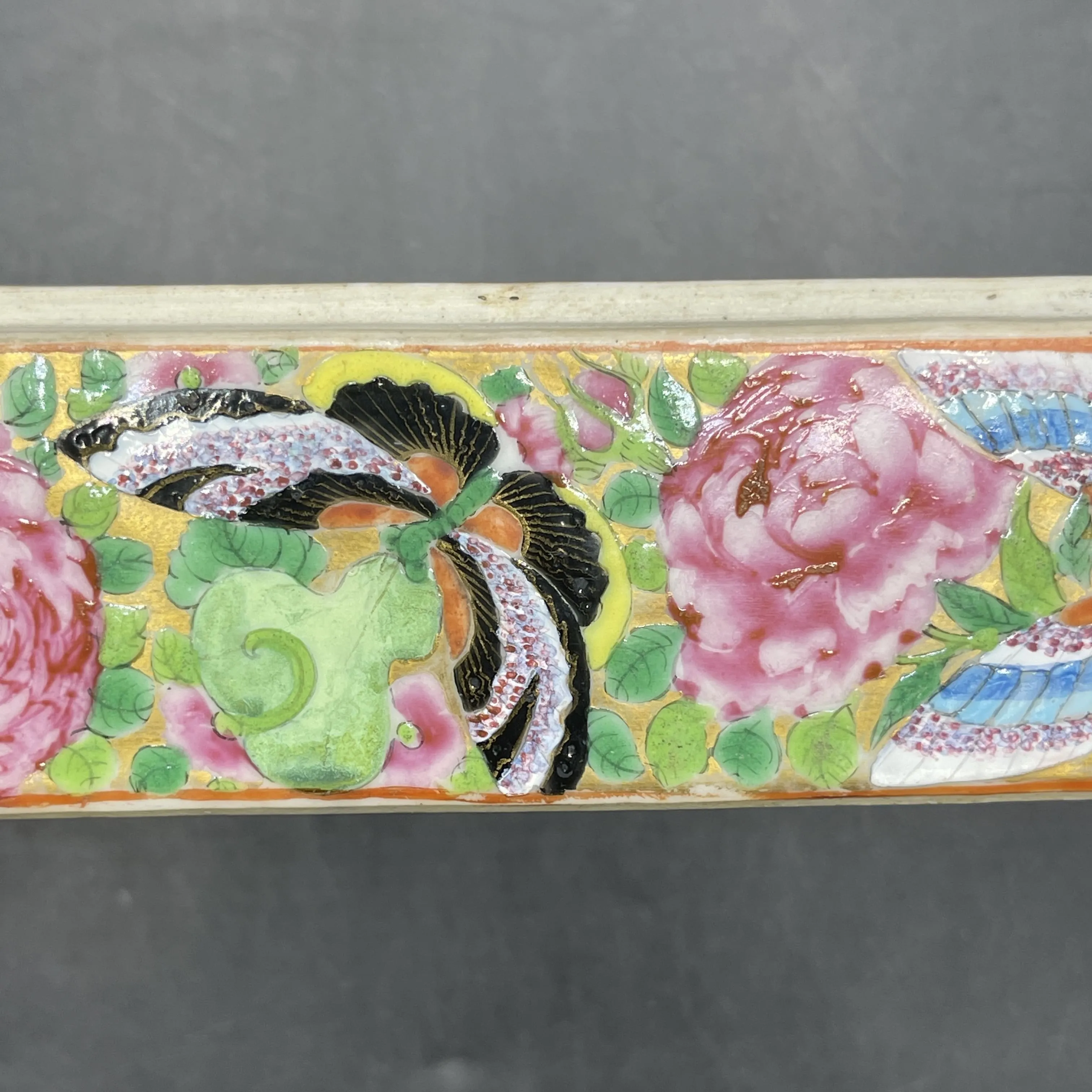 19th C. Chinese Export Canton Famille Rose Mandarin Box and Cover, ~8"L (Lot 374)