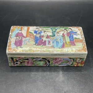 19th C. Chinese Export Canton Famille Rose Mandarin Box and Cover, ~8"L (Lot 374)