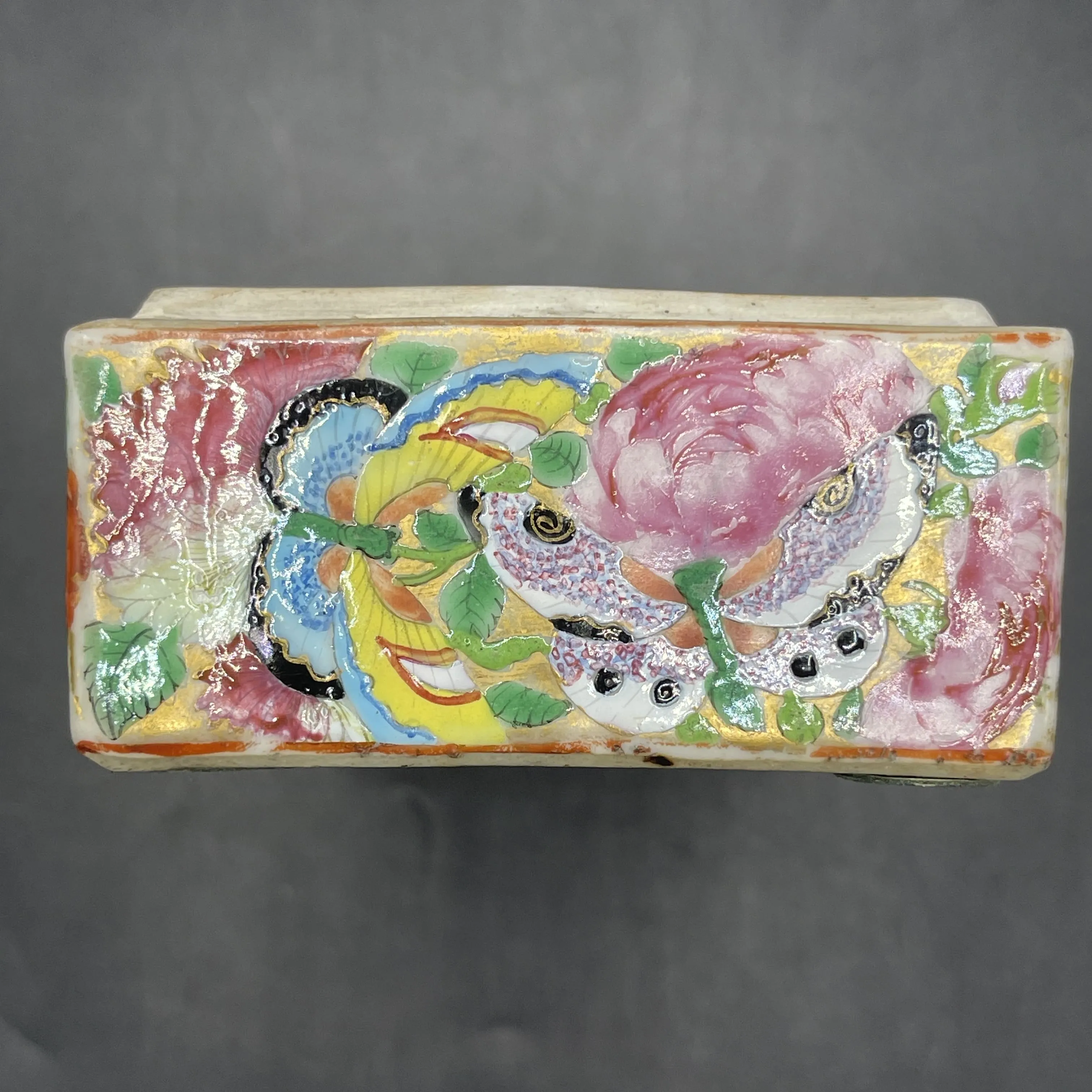 19th C. Chinese Export Canton Famille Rose Mandarin Box and Cover, ~8"L (Lot 374)