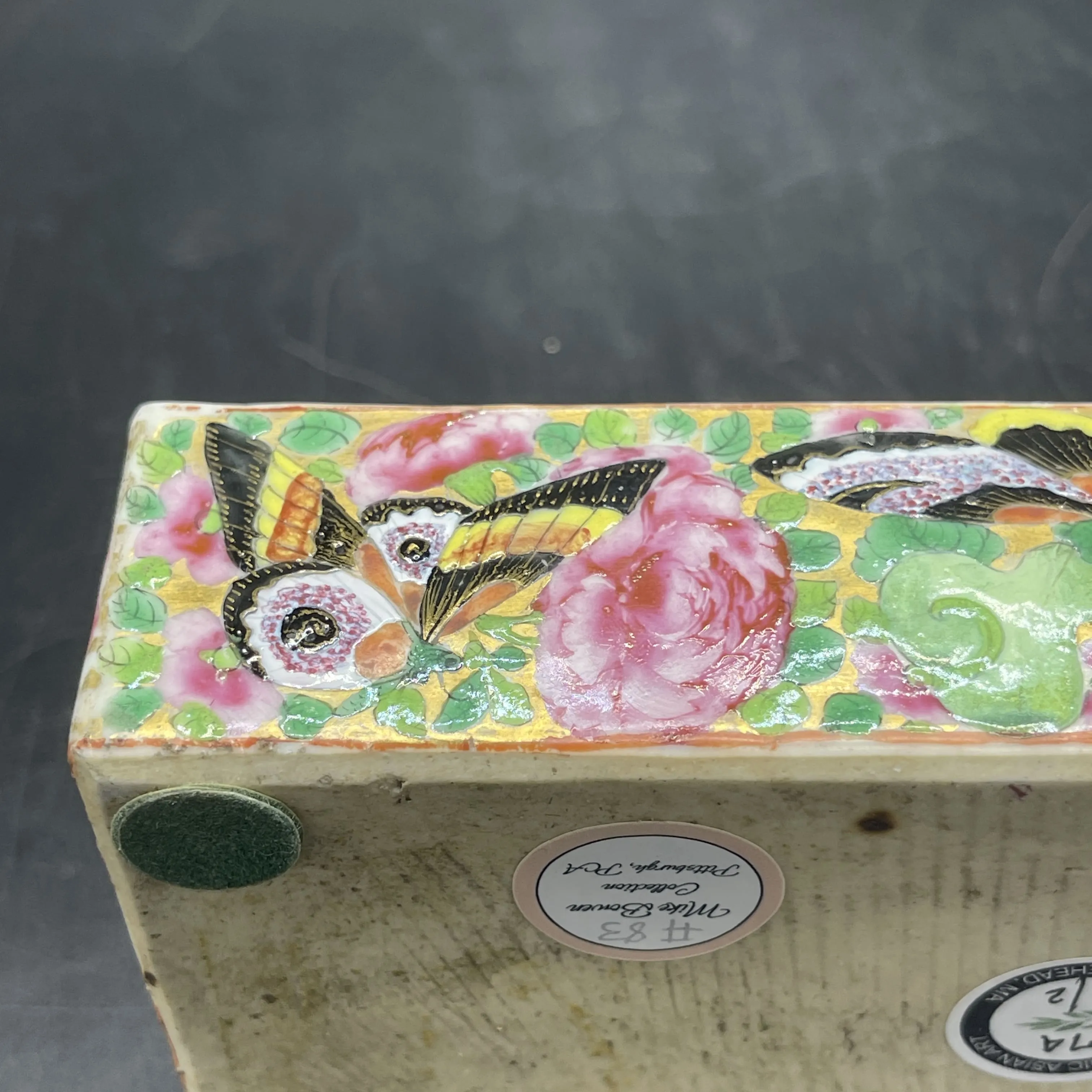 19th C. Chinese Export Canton Famille Rose Mandarin Box and Cover, ~8"L (Lot 374)