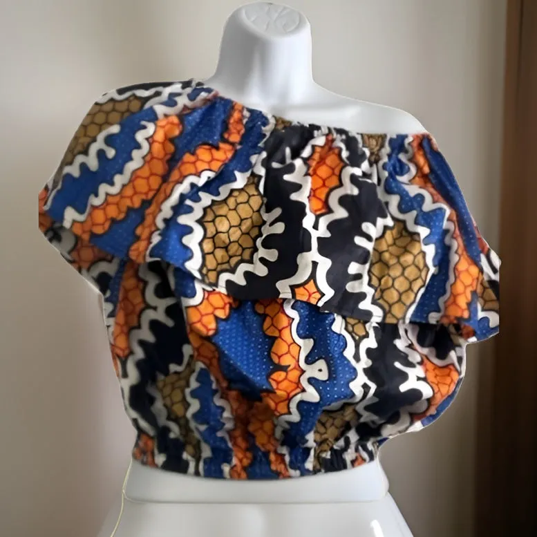African Wax Print Shoulder Down Crop Top