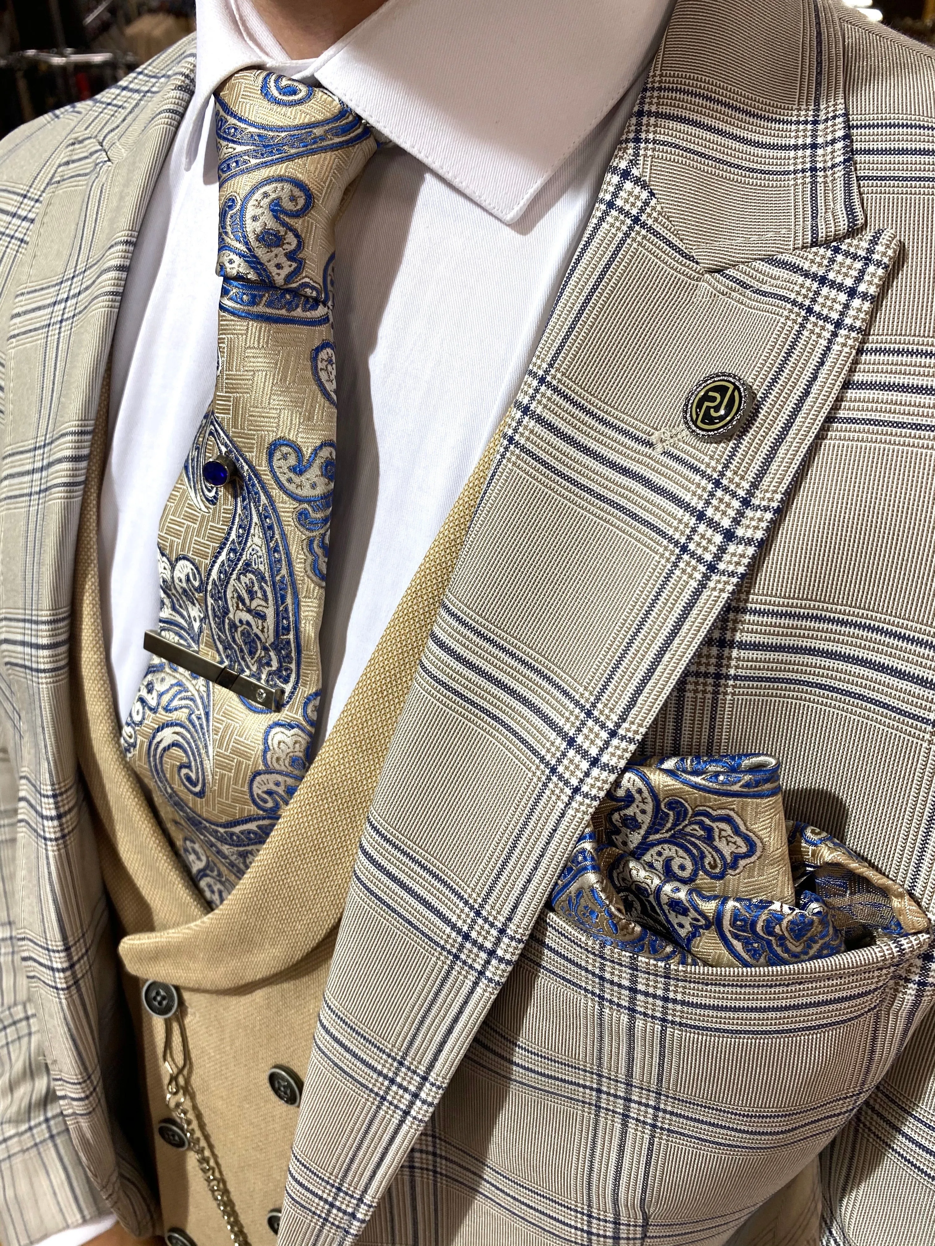 Alister - Beige/Blue 3 Piece Suit