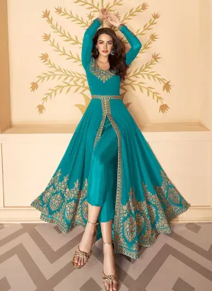Aqua Heavy Embroidered High Slit Style Anarkali