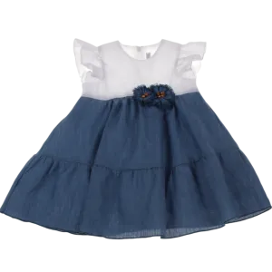 Barcellino Linen Flower Brooch Dress - Blue/White