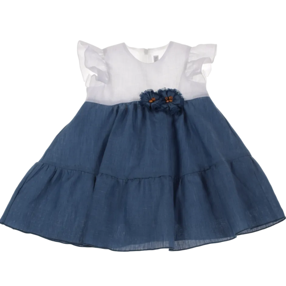 Barcellino Linen Flower Brooch Dress - Blue/White