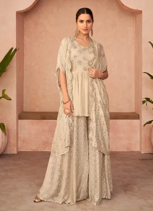 Beige Embroidered Jacket Style Sharara Suit