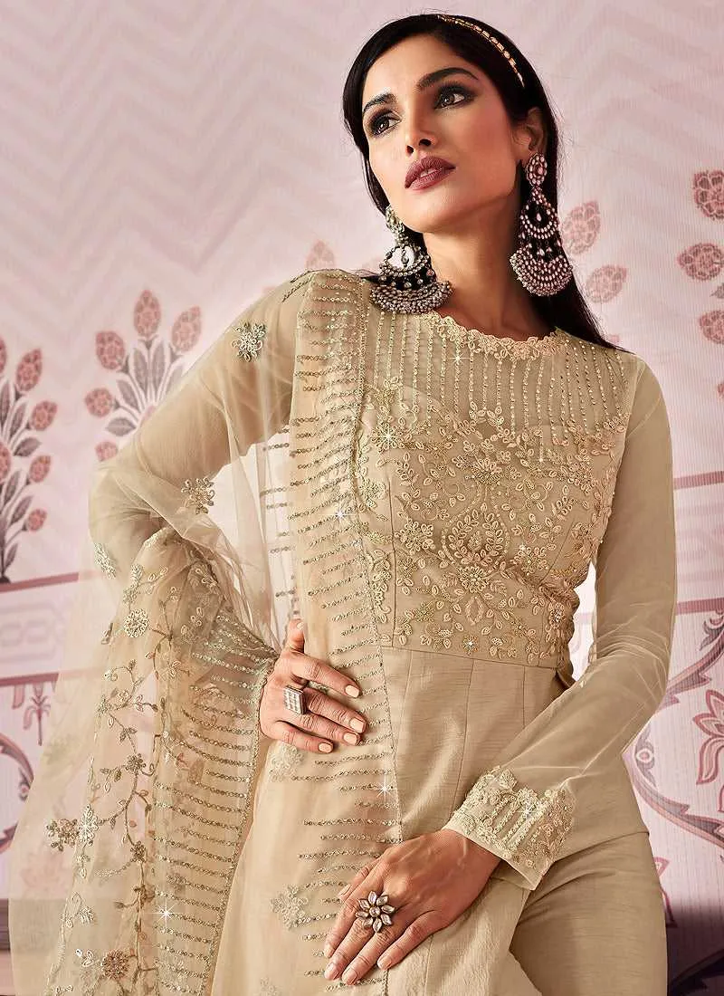 Beige Floral Embroidered Designer Pant Style Anarkali
