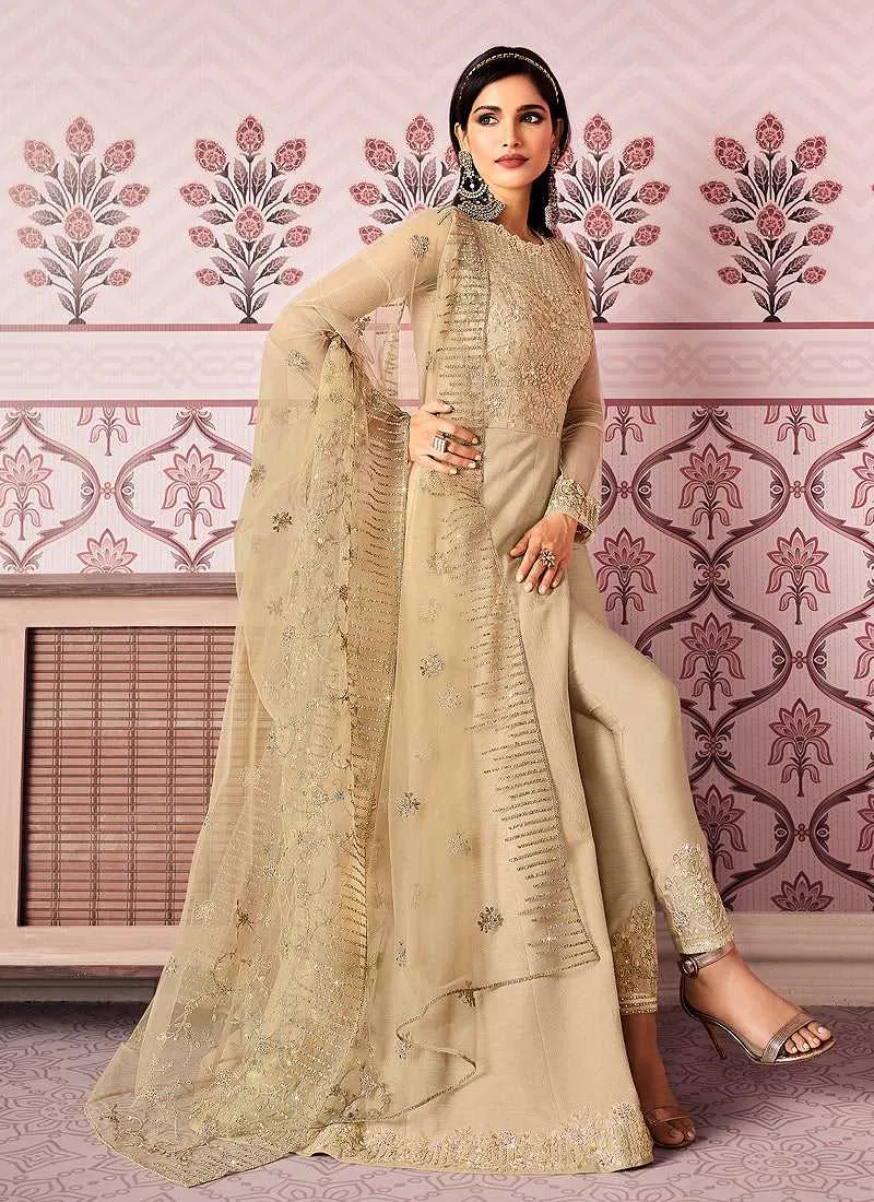 Beige Floral Embroidered Designer Pant Style Anarkali
