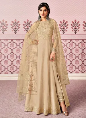 Beige Floral Embroidered Designer Pant Style Anarkali