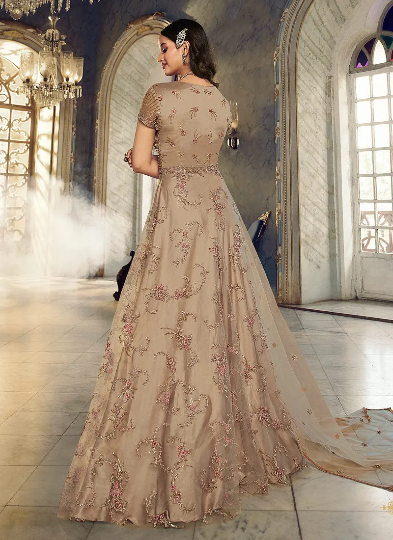 Beige Floral Heavy Embroidered Gown Style Anarkali