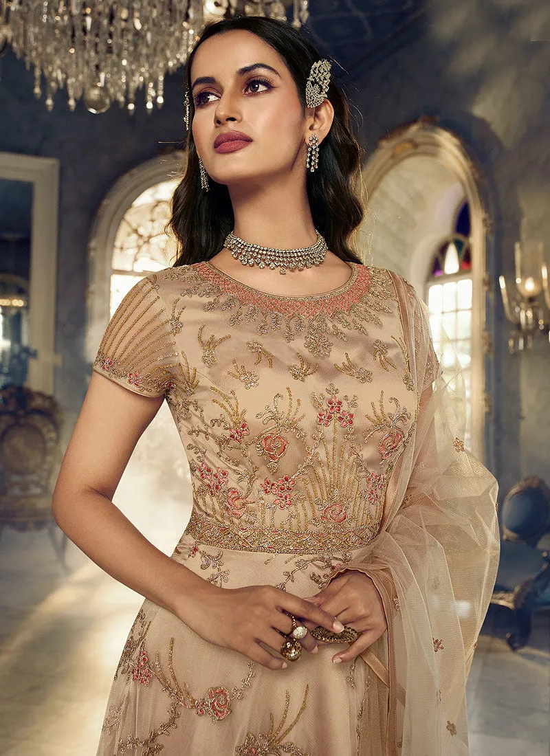 Beige Floral Heavy Embroidered Gown Style Anarkali