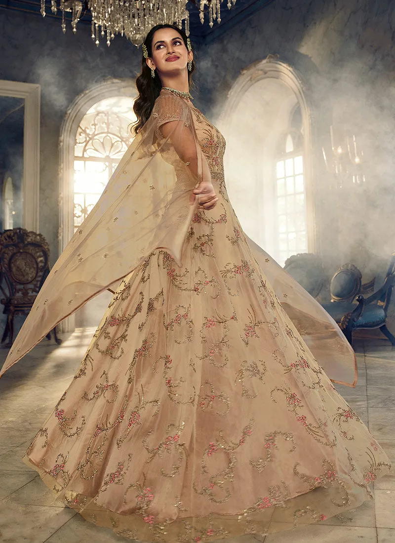 Beige Floral Heavy Embroidered Gown Style Anarkali