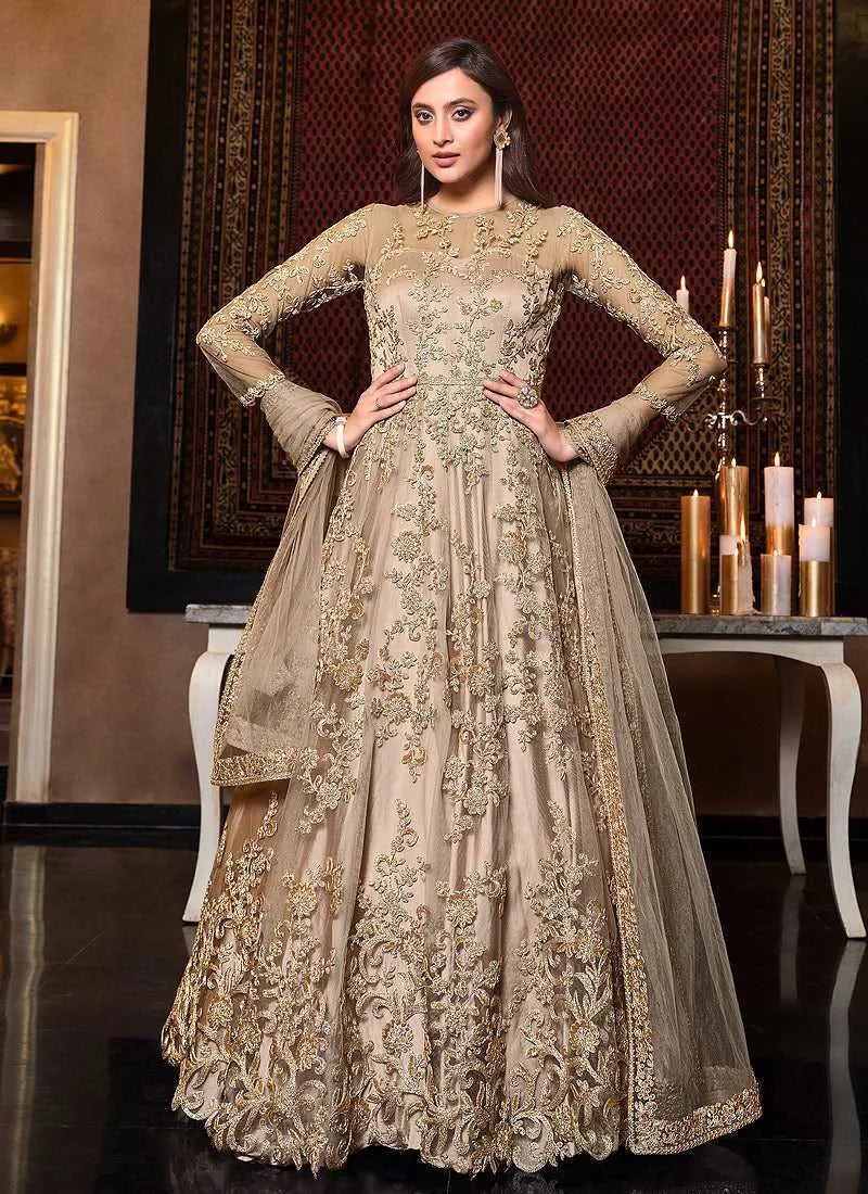 Beige Gold Heavy Embroidered Gown Style Anarkali