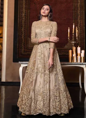 Beige Gold Heavy Embroidered Gown Style Anarkali