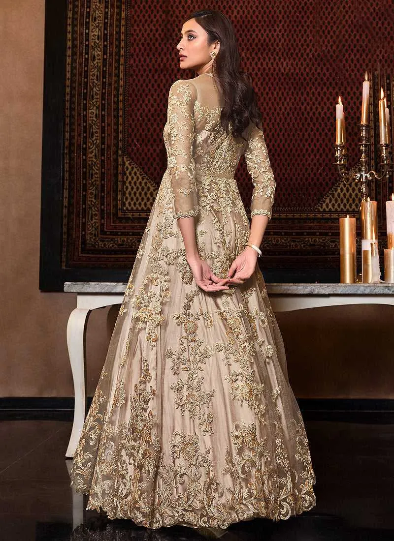 Beige Gold Heavy Embroidered Gown Style Anarkali