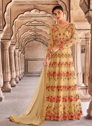 Beige Gold Heavy Embroidered Lehenga Style Anarkali