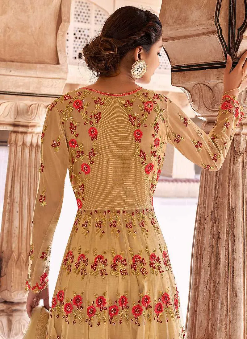 Beige Gold Heavy Embroidered Lehenga Style Anarkali