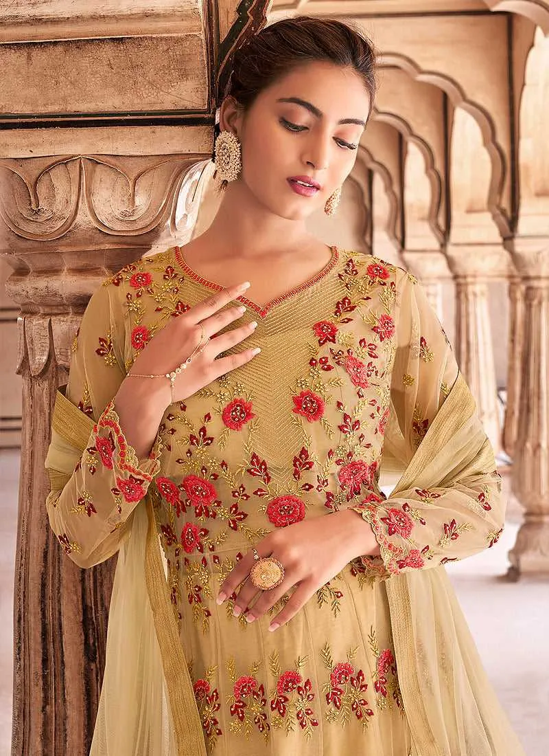 Beige Gold Heavy Embroidered Lehenga Style Anarkali