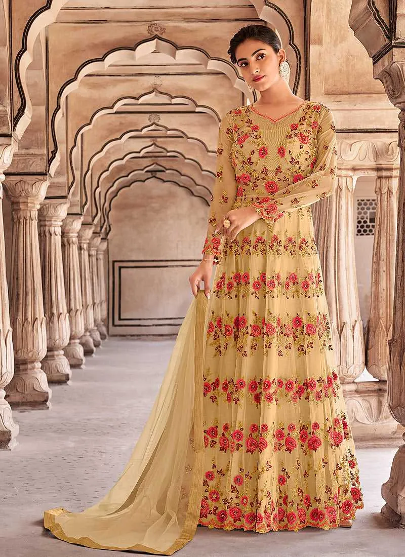 Beige Gold Heavy Embroidered Lehenga Style Anarkali