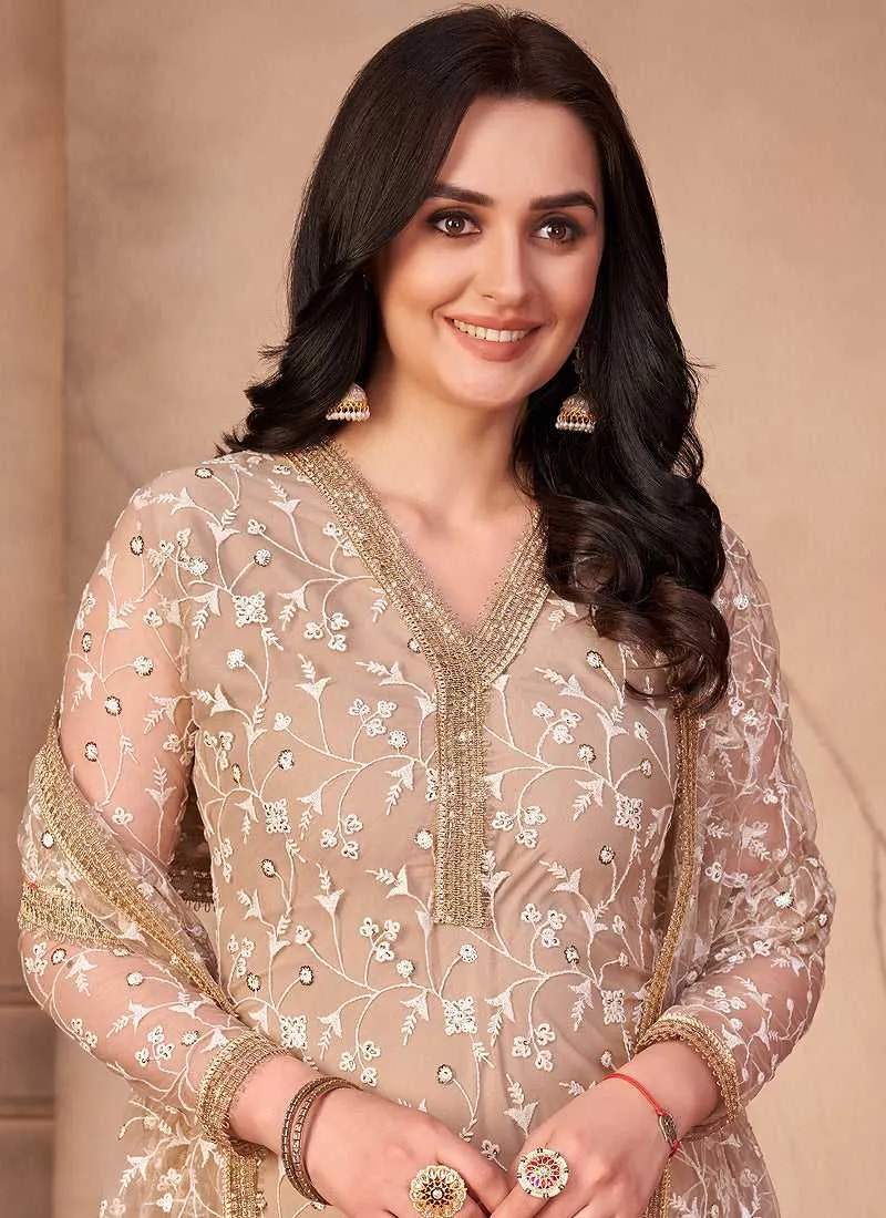 Beige Heavy Embroidered Pant Style Suit