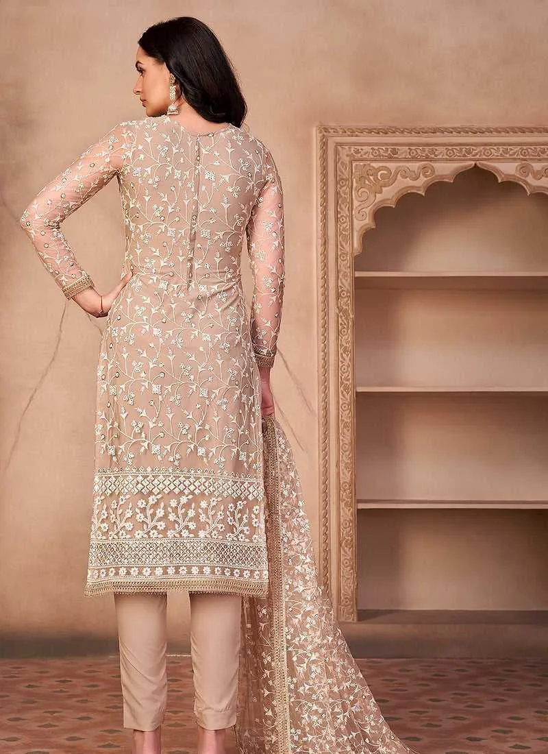 Beige Heavy Embroidered Pant Style Suit