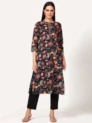 Black Floral Print Cotton Kurta with Brocade Lace