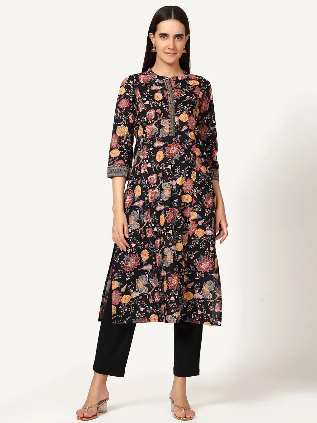 Black Floral Print Cotton Kurta with Brocade Lace