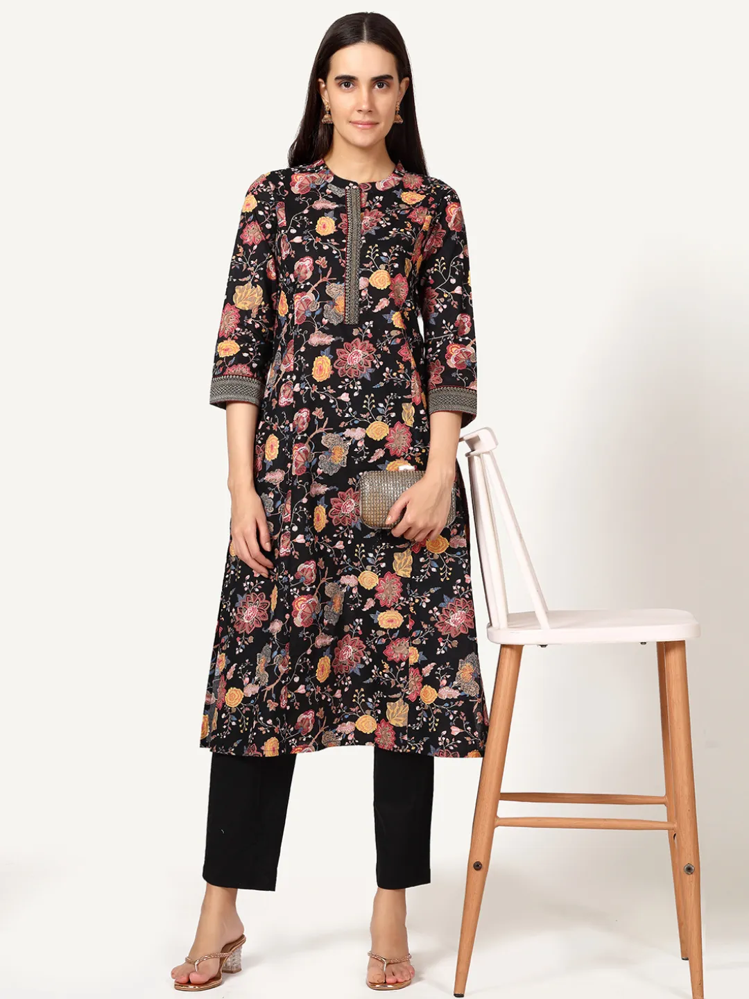 Black Floral Print Cotton Kurta with Brocade Lace