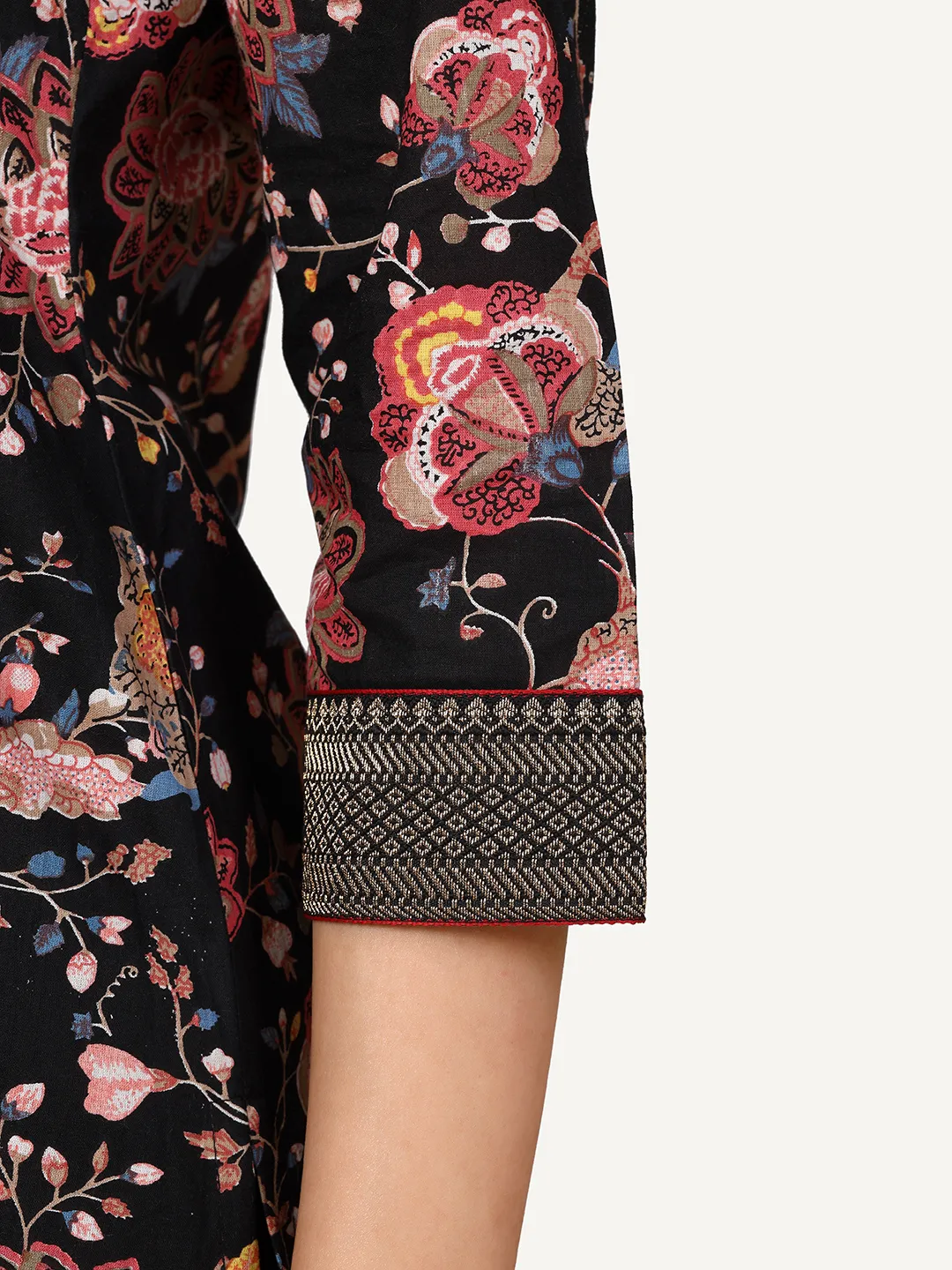 Black Floral Print Cotton Kurta with Brocade Lace