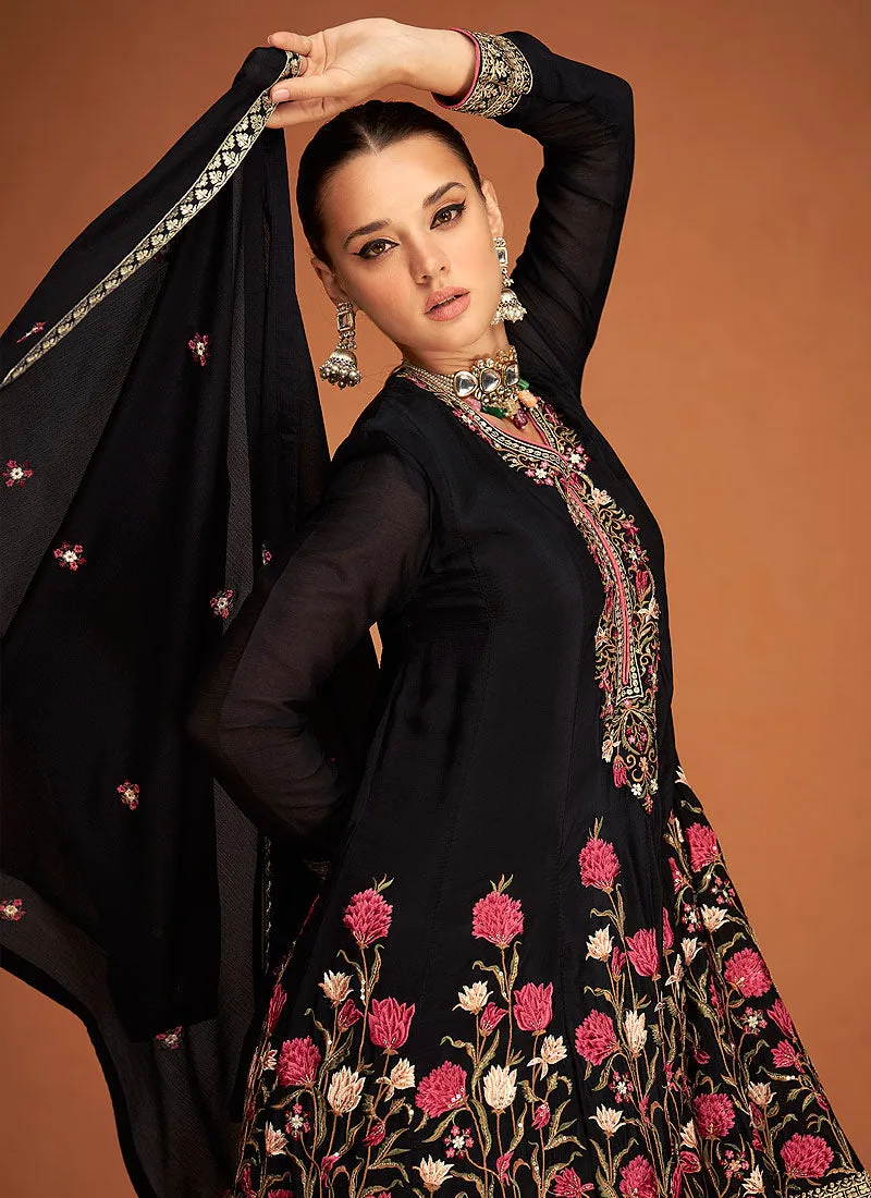 Black Gold Embroidered Sharara Style Suit