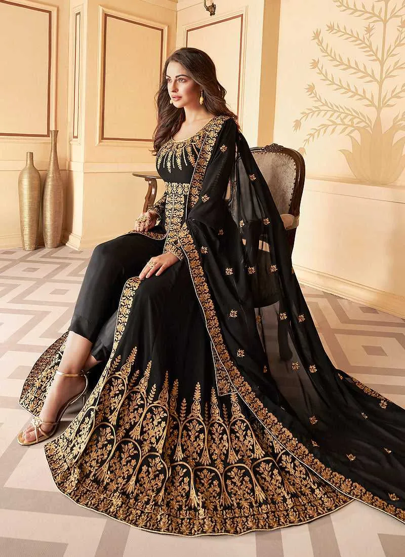 Black Heavy Embroidered High Slit Style Anarkali