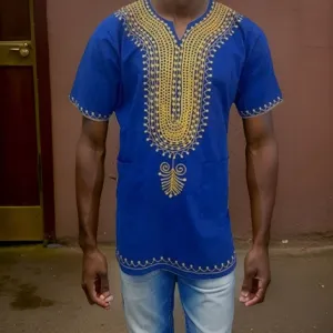 Blue & Gold Embroidered Dashiki Shirt
