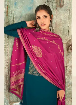 Blue and Pink Splendid Embroidered Pant Style Suit